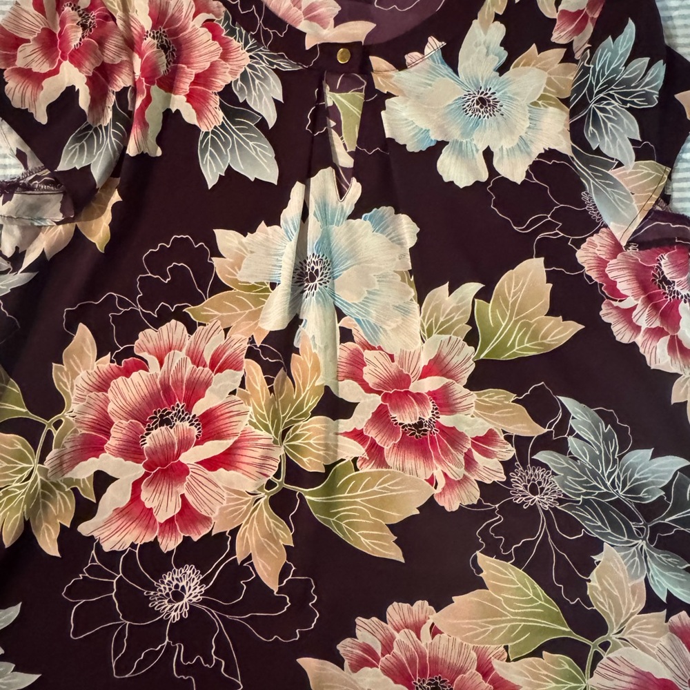 Calvin Klein Black Floral Split-Neck Top with Pink & Blue Blooms